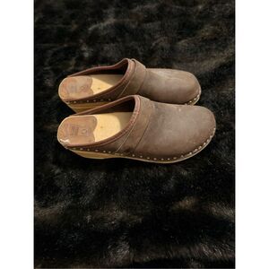 Bastad Original Wooden Clog Brown Tan Leather Made in Sweden Slip On 38 7.5